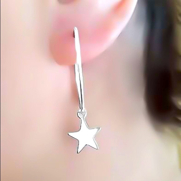 925 Sterling Silver Star Charm Classic Wire Hoop Earrings 1/2”, 3/4”, & 1” Sizes - Picture 2 of 9